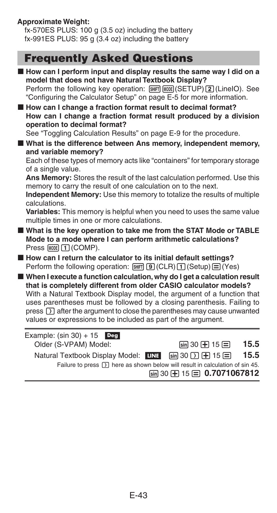 Frequently asked questions | Casio fx-991ES PLUS User Manual | Page 44 / 46