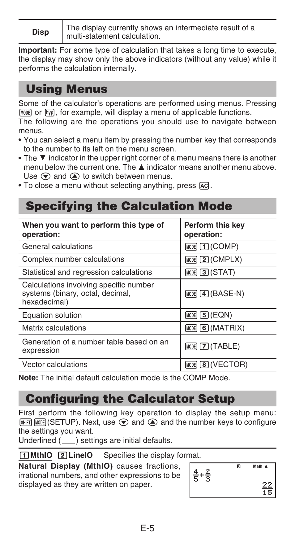 Using menus, Specifying the calculation mode, Configuring the calculator setup | Casio fx-991ES PLUS User Manual | Page 6 / 46