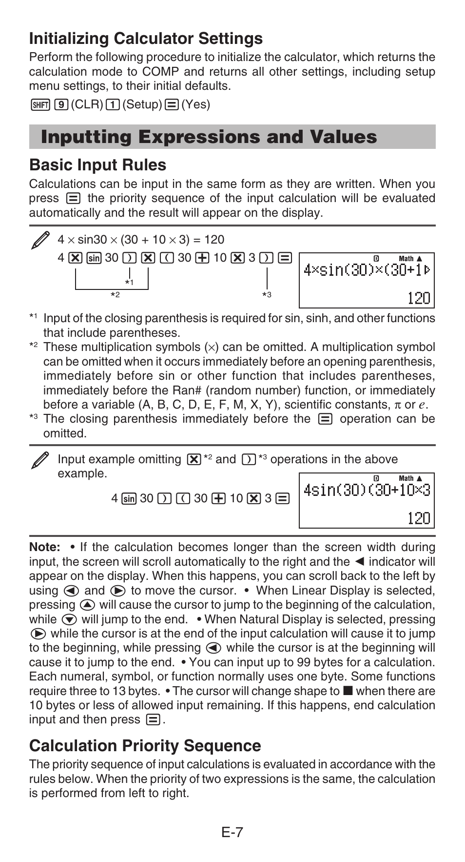 Inputting expressions and values, Initializing calculator settings, Basic input rules | Calculation priority sequence | Casio fx-991ES PLUS User Manual | Page 8 / 46