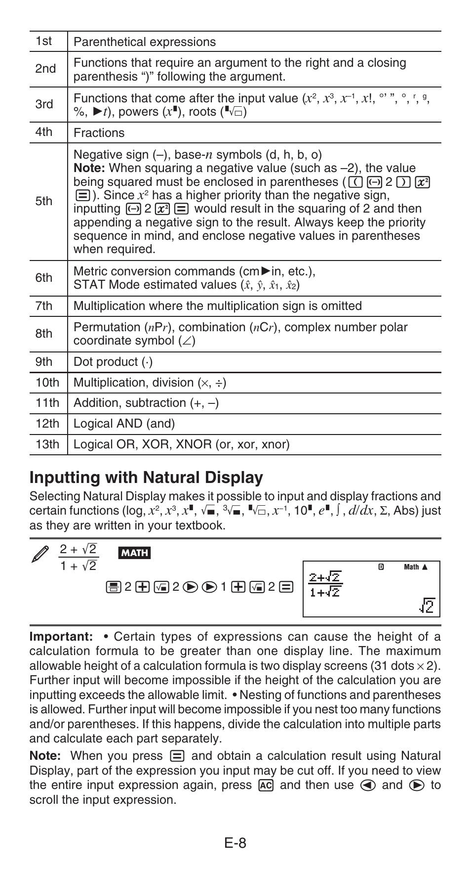 Inputting with natural display, D/dx | Casio fx-991ES PLUS User Manual | Page 9 / 46