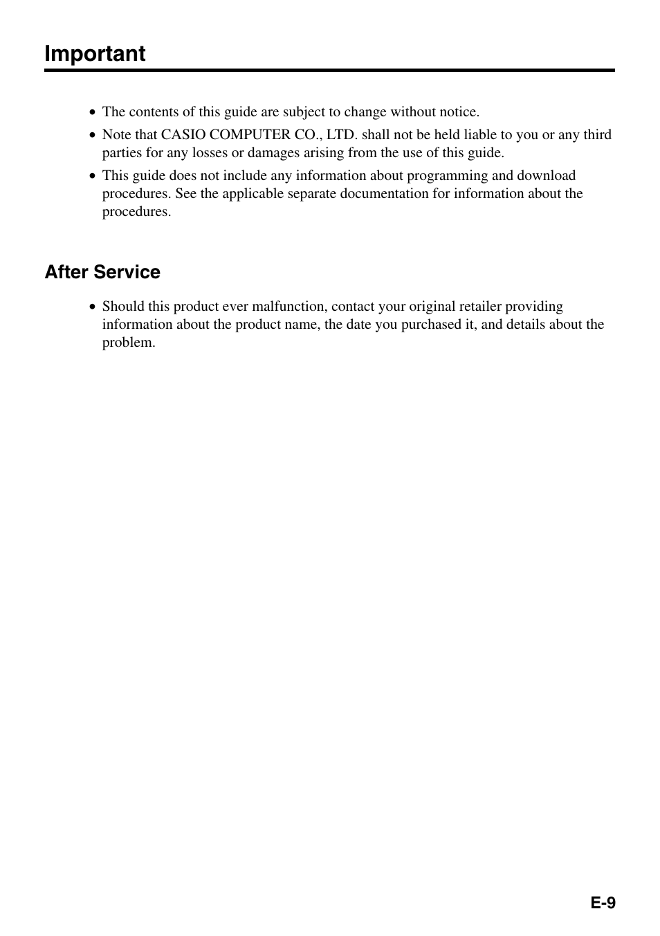 Important, After service | Casio IT-500 User Manual | Page 11 / 58