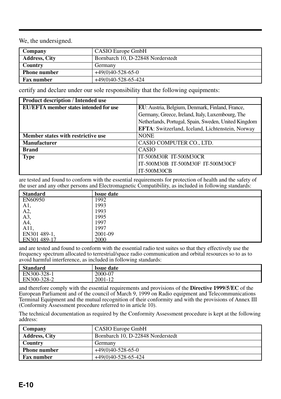 E-10 | Casio IT-500 User Manual | Page 12 / 58