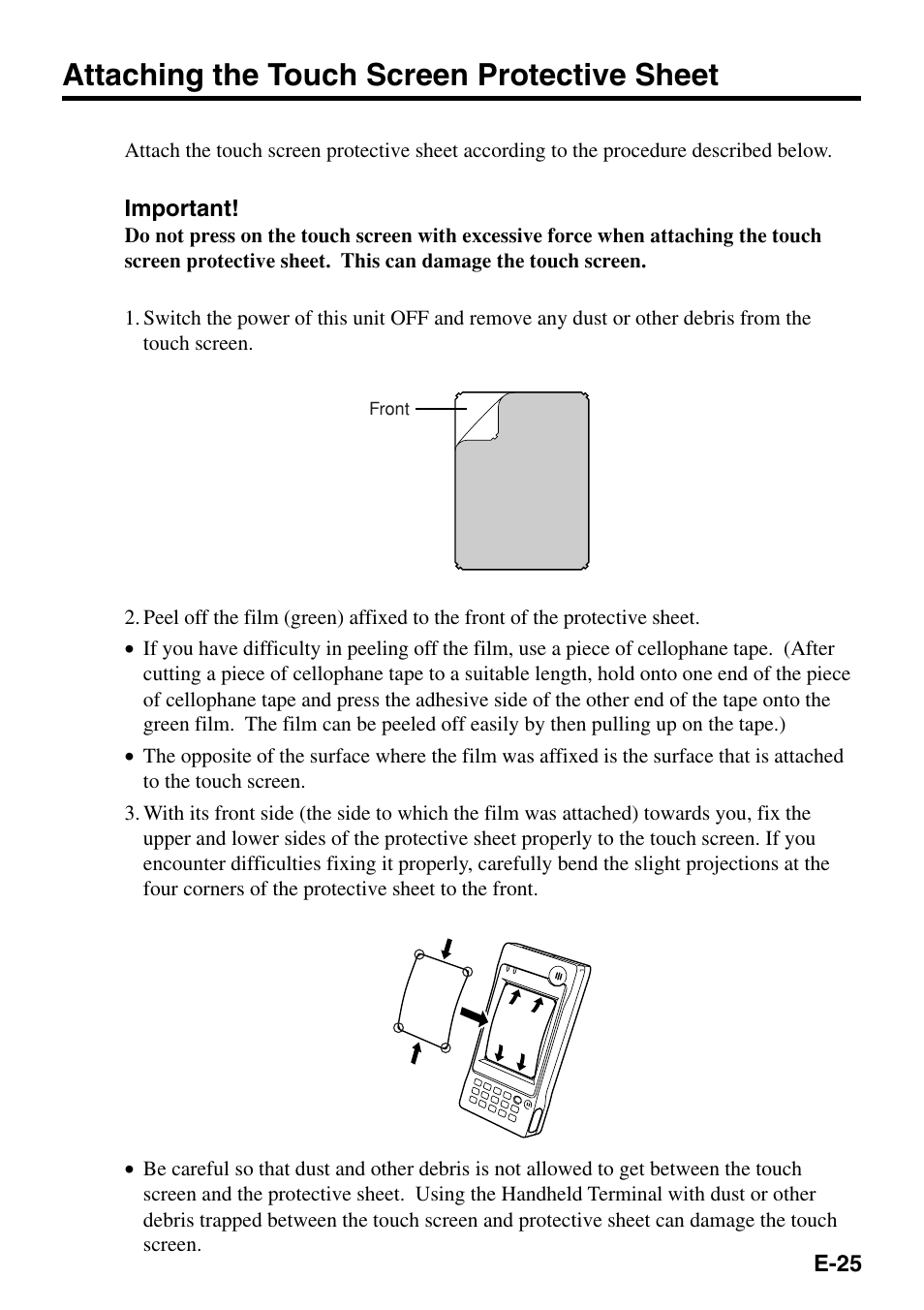 Attaching the touch screen protective sheet | Casio IT-500 User Manual | Page 27 / 58