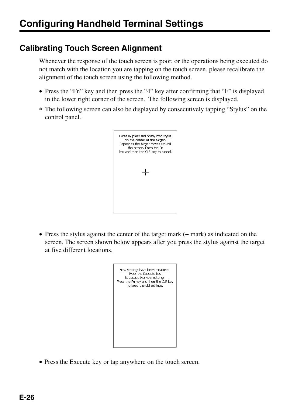 Configuring handheld terminal settings, Calibrating touch screen alignment | Casio IT-500 User Manual | Page 28 / 58