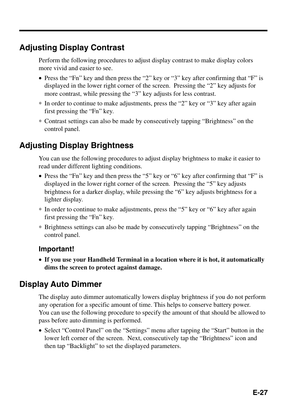 Adjusting display contrast, Adjusting display brightness, Display auto dimmer | Casio IT-500 User Manual | Page 29 / 58