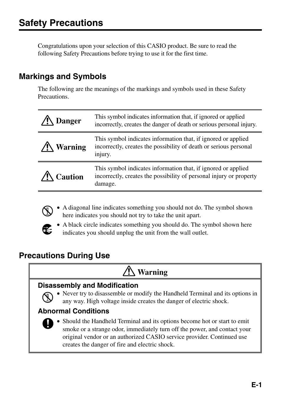 Safety precautions, Warning caution danger, Markings and symbols | Precautions during use warning | Casio IT-500 User Manual | Page 3 / 58