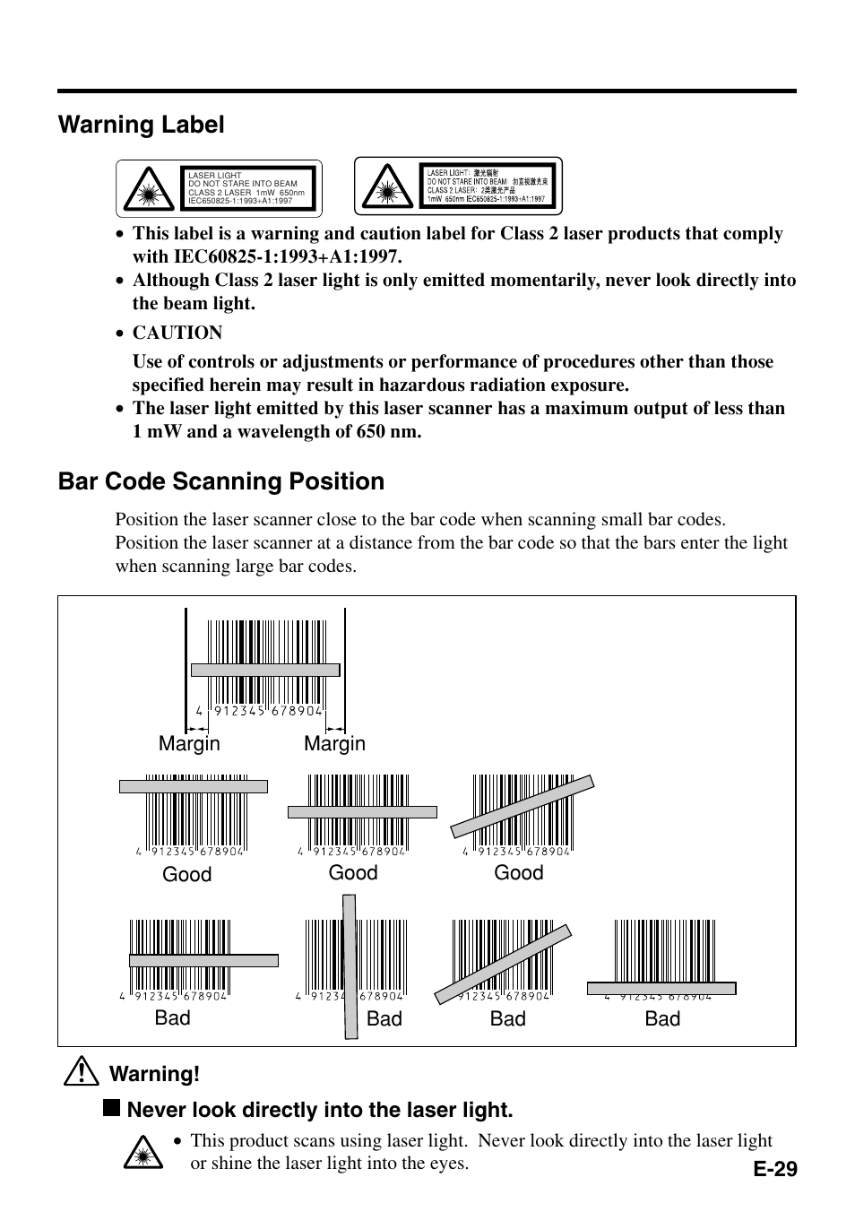 Warning label, Bar code scanning position | Casio IT-500 User Manual | Page 31 / 58