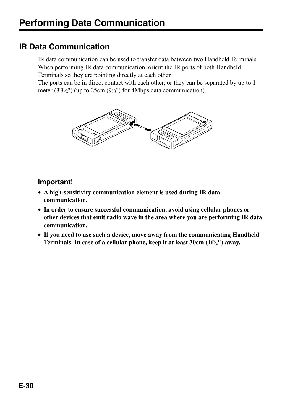 Performing data communication, Ir data communication, E-30 | Important | Casio IT-500 User Manual | Page 32 / 58