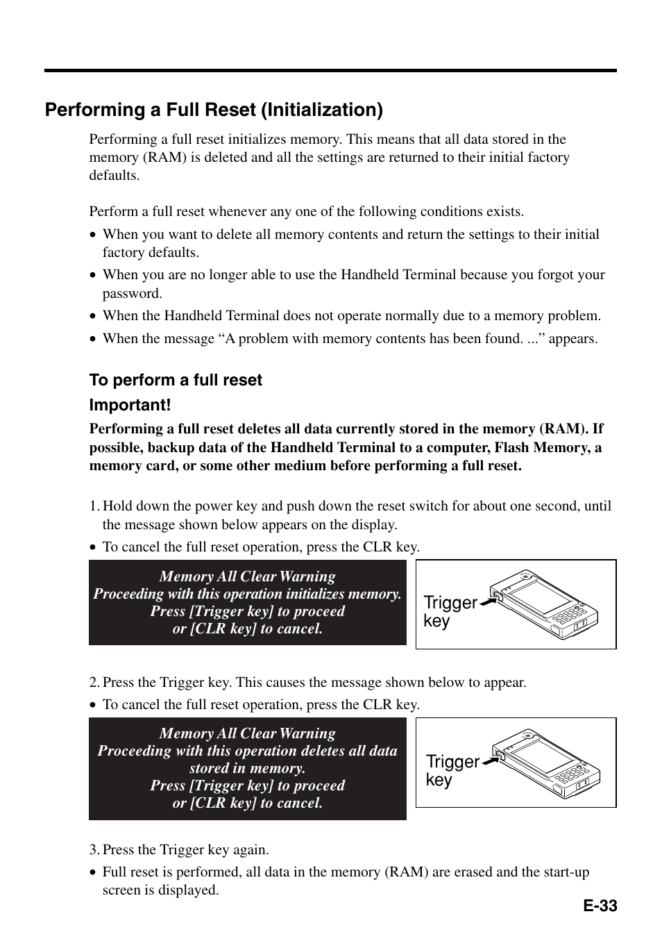 Performing a full reset (initialization) | Casio IT-500 User Manual | Page 35 / 58