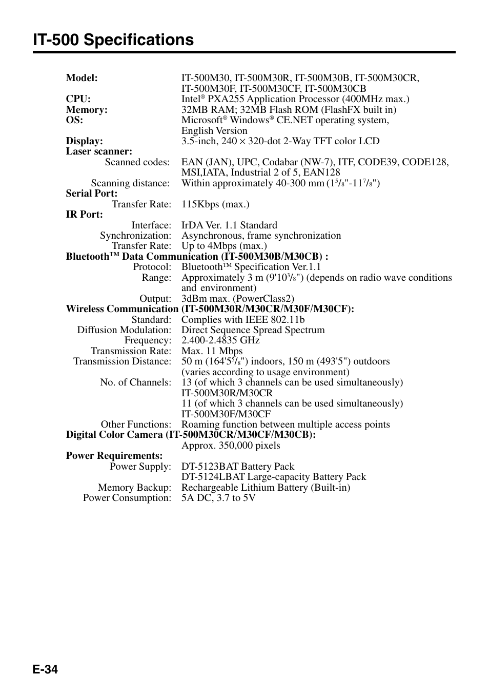 It-500 specifications, E-34 | Casio IT-500 User Manual | Page 36 / 58