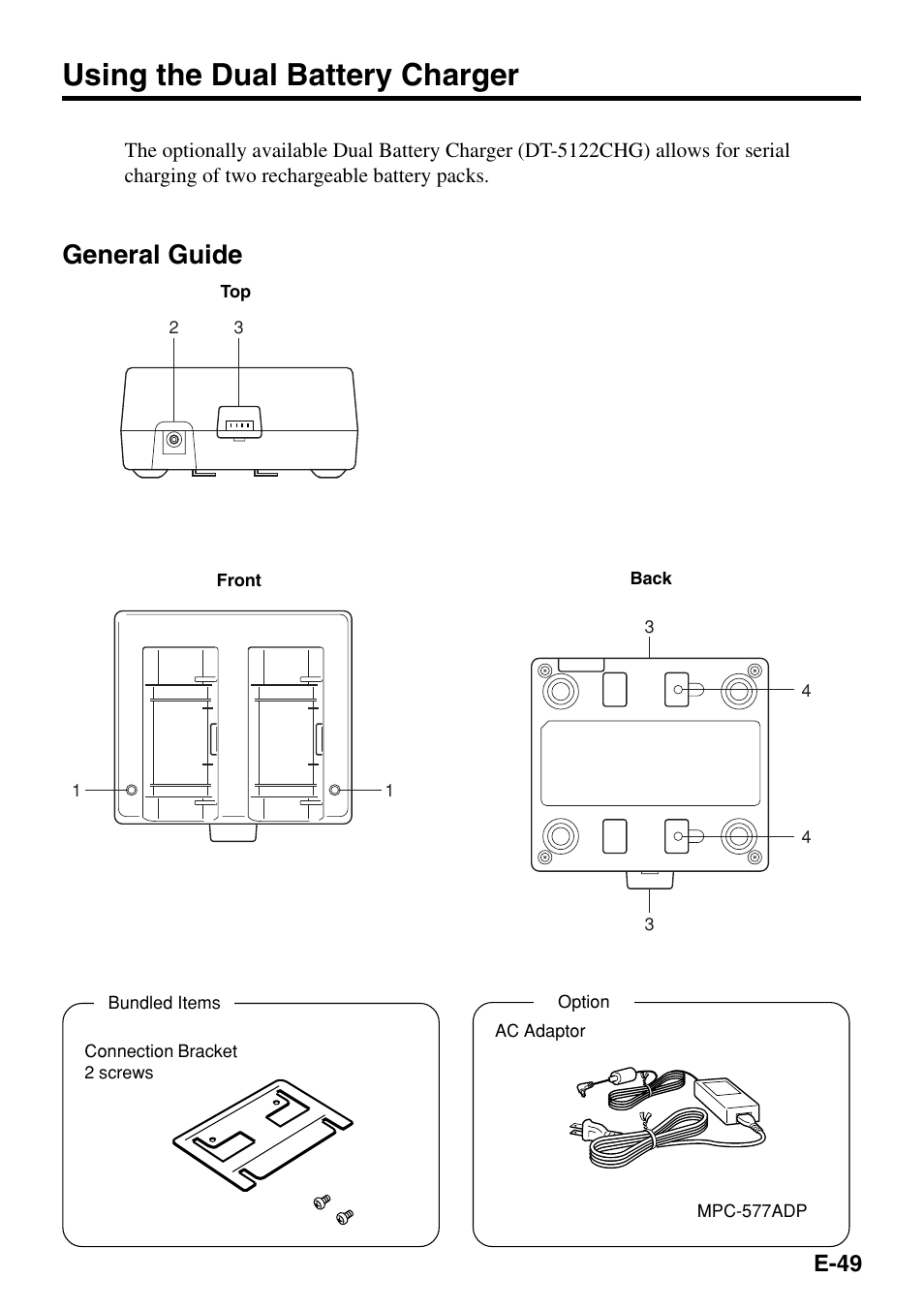 Using the dual battery charger, General guide, E-49 | Casio IT-500 User Manual | Page 51 / 58