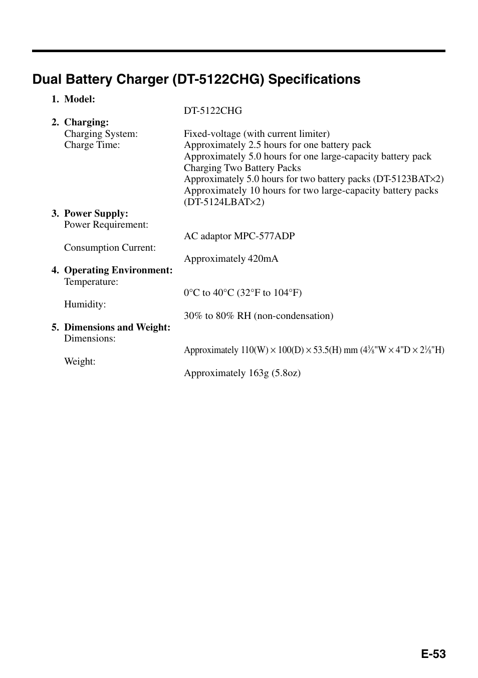 Dual battery charger (dt-5122chg) specifications, E-53 | Casio IT-500 User Manual | Page 55 / 58