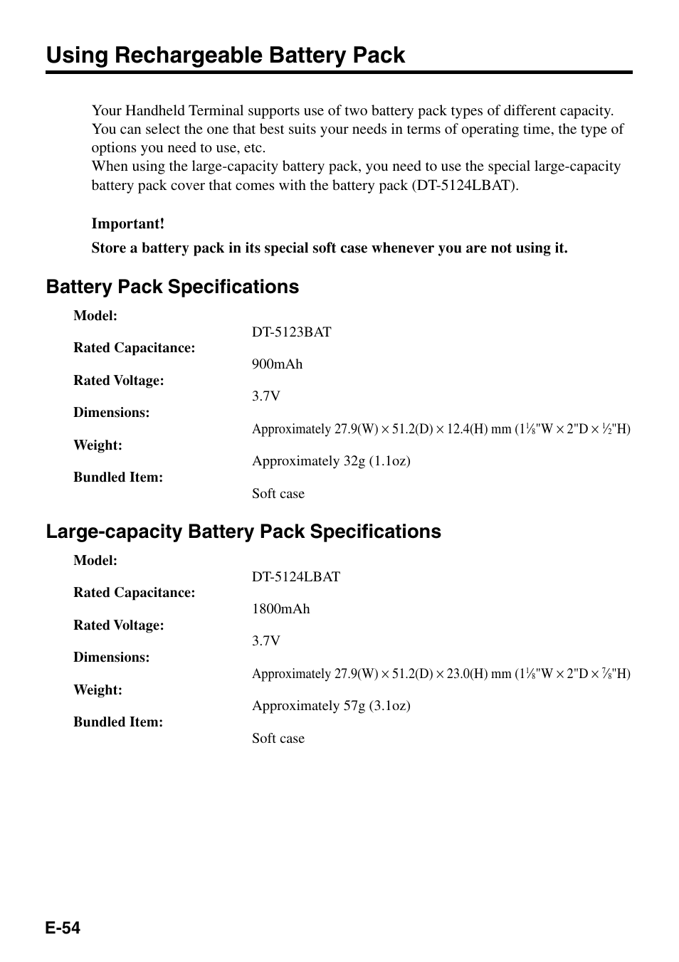 Using rechargeable battery pack, Battery pack specifications, Large-capacity battery pack specifications | E-54 | Casio IT-500 User Manual | Page 56 / 58