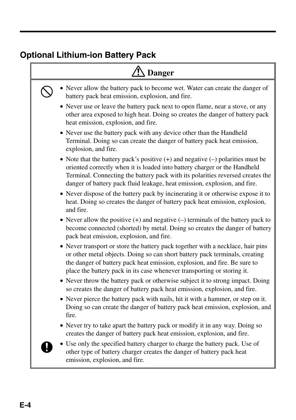 Optional lithium-ion battery pack danger | Casio IT-500 User Manual | Page 6 / 58