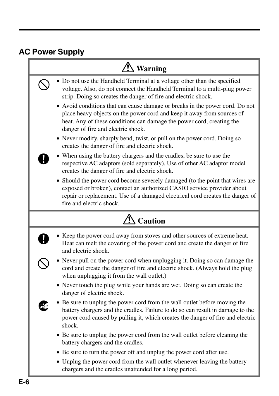 Ac power supply warning, Caution | Casio IT-500 User Manual | Page 8 / 58