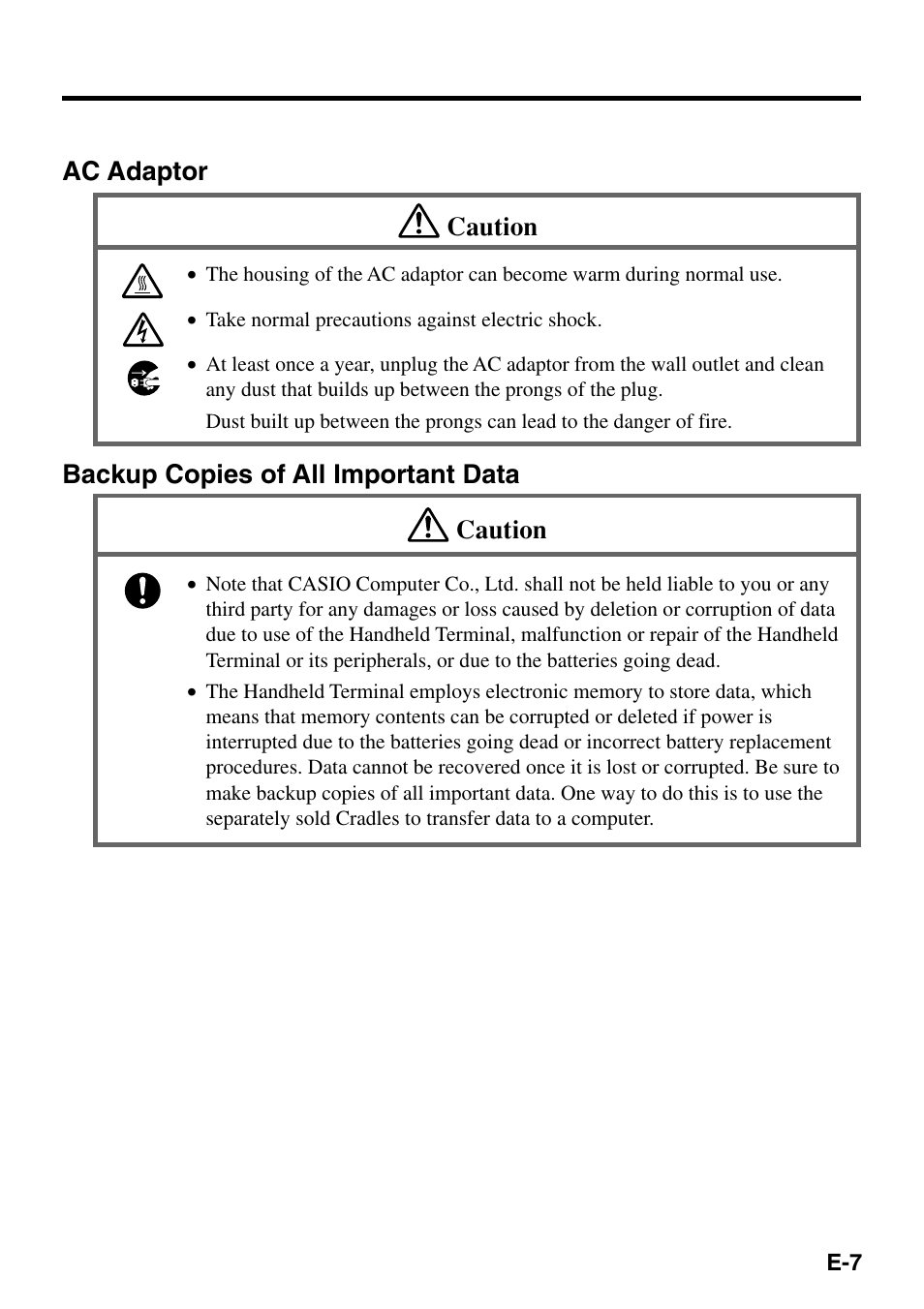 Ac adaptor caution, Backup copies of all important data caution | Casio IT-500 User Manual | Page 9 / 58