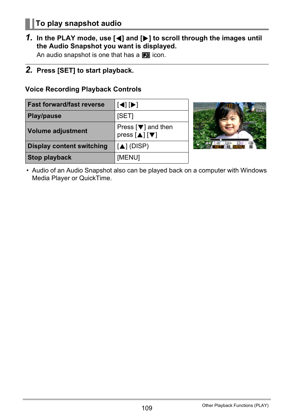 To play snapshot audio | Casio EXILIM EX Z 280 User Manual | Page 109 / 194