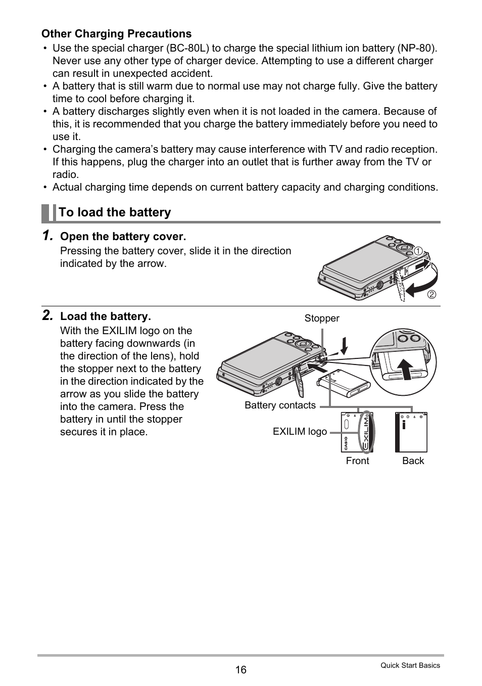 To load the battery | Casio EXILIM EX Z 280 User Manual | Page 16 / 194