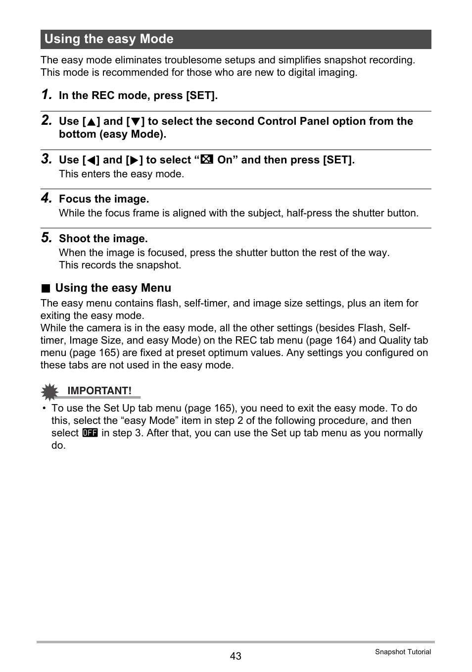 Using the easy mode | Casio EXILIM EX Z 280 User Manual | Page 43 / 194