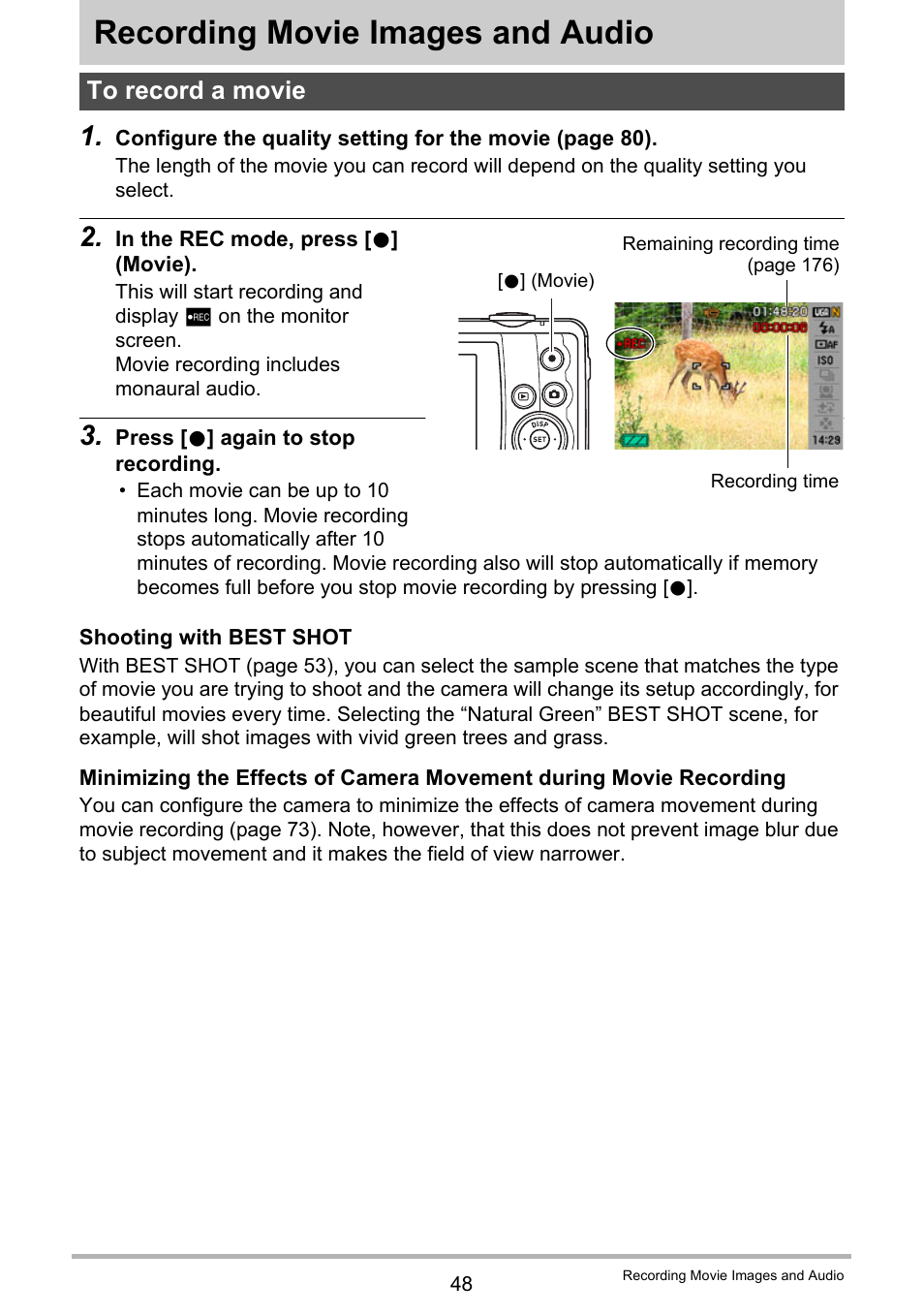 Recording movie images and audio, To record a movie | Casio EXILIM EX Z 280 User Manual | Page 48 / 194