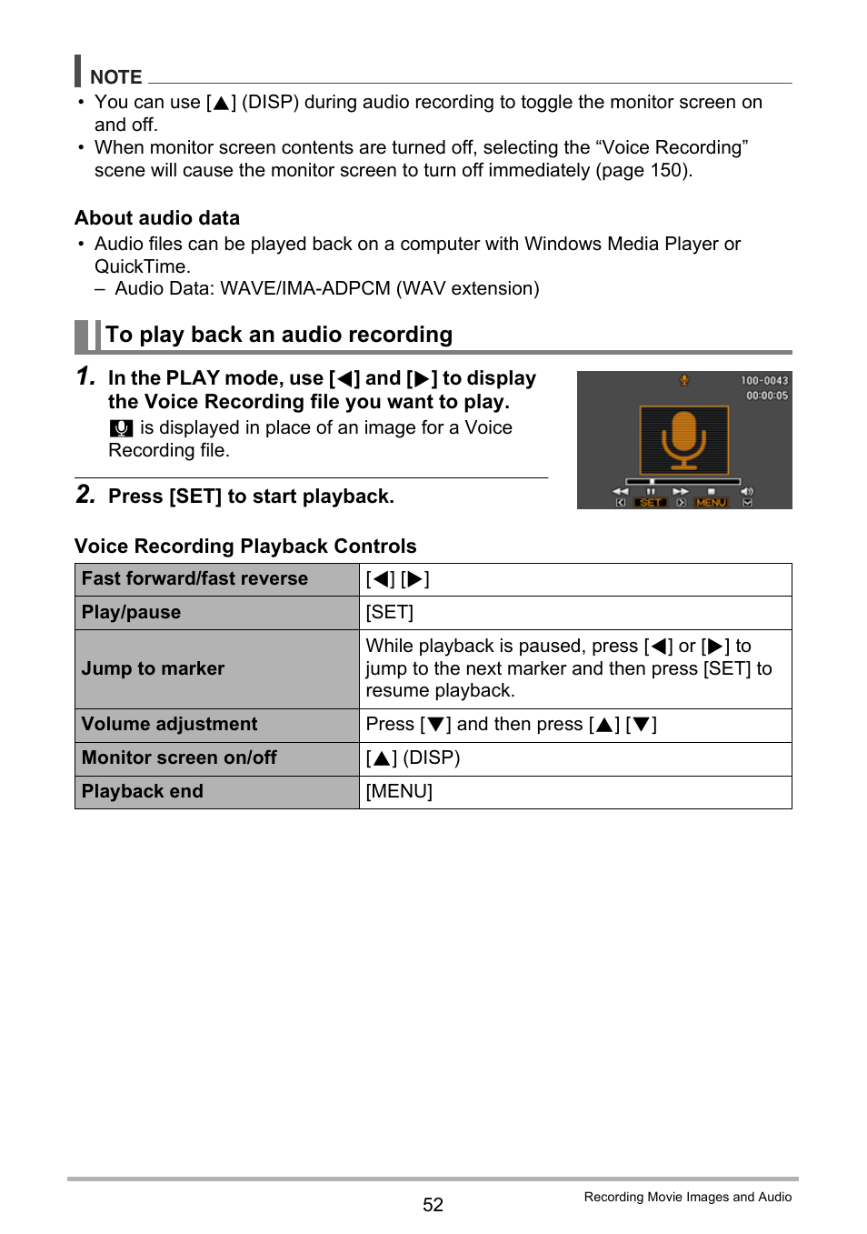 To play back an audio recording | Casio EXILIM EX Z 280 User Manual | Page 52 / 194