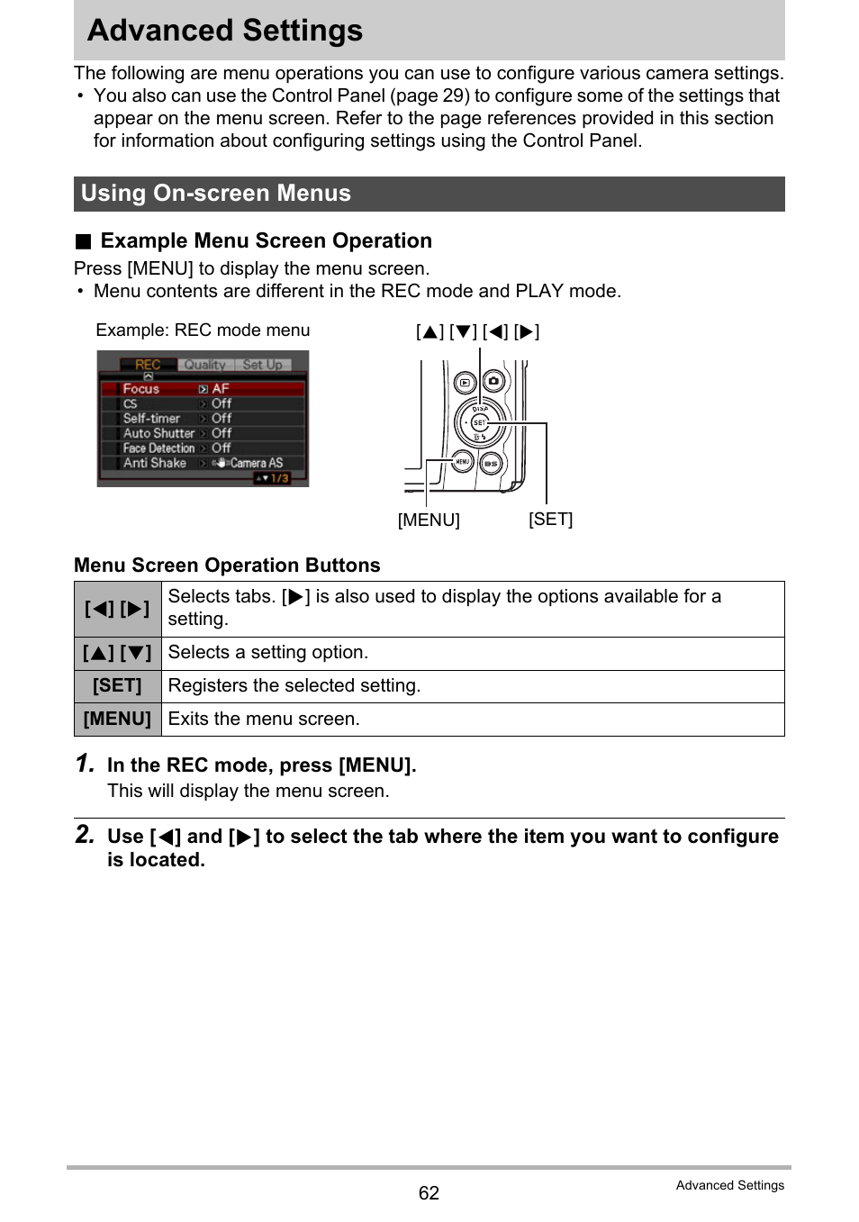 Advanced settings, Using on-screen menus | Casio EXILIM EX Z 280 User Manual | Page 62 / 194
