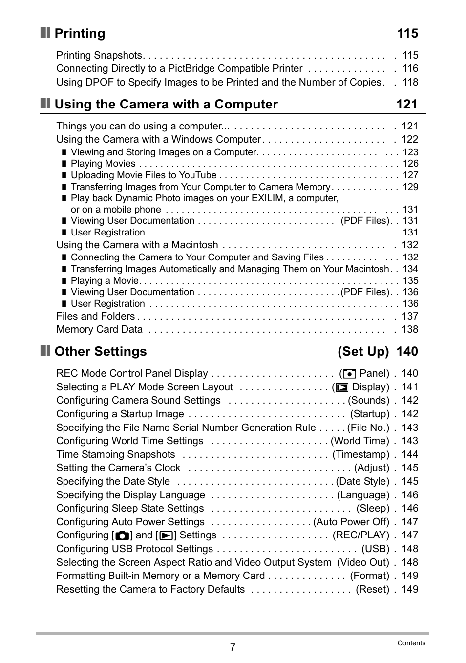 Printing 115, Using the camera with a computer 121, Other settings (set up) 140 | Casio EXILIM EX Z 280 User Manual | Page 7 / 194