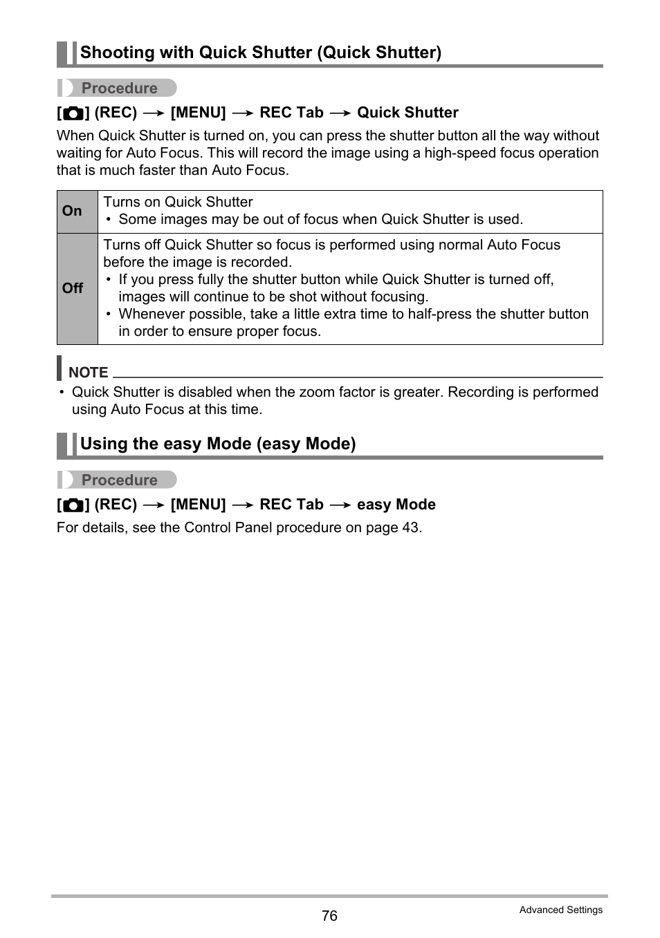 Shooting with quick shutter (quick shutter), Using the easy mode (easy mode) | Casio EXILIM EX Z 280 User Manual | Page 76 / 194