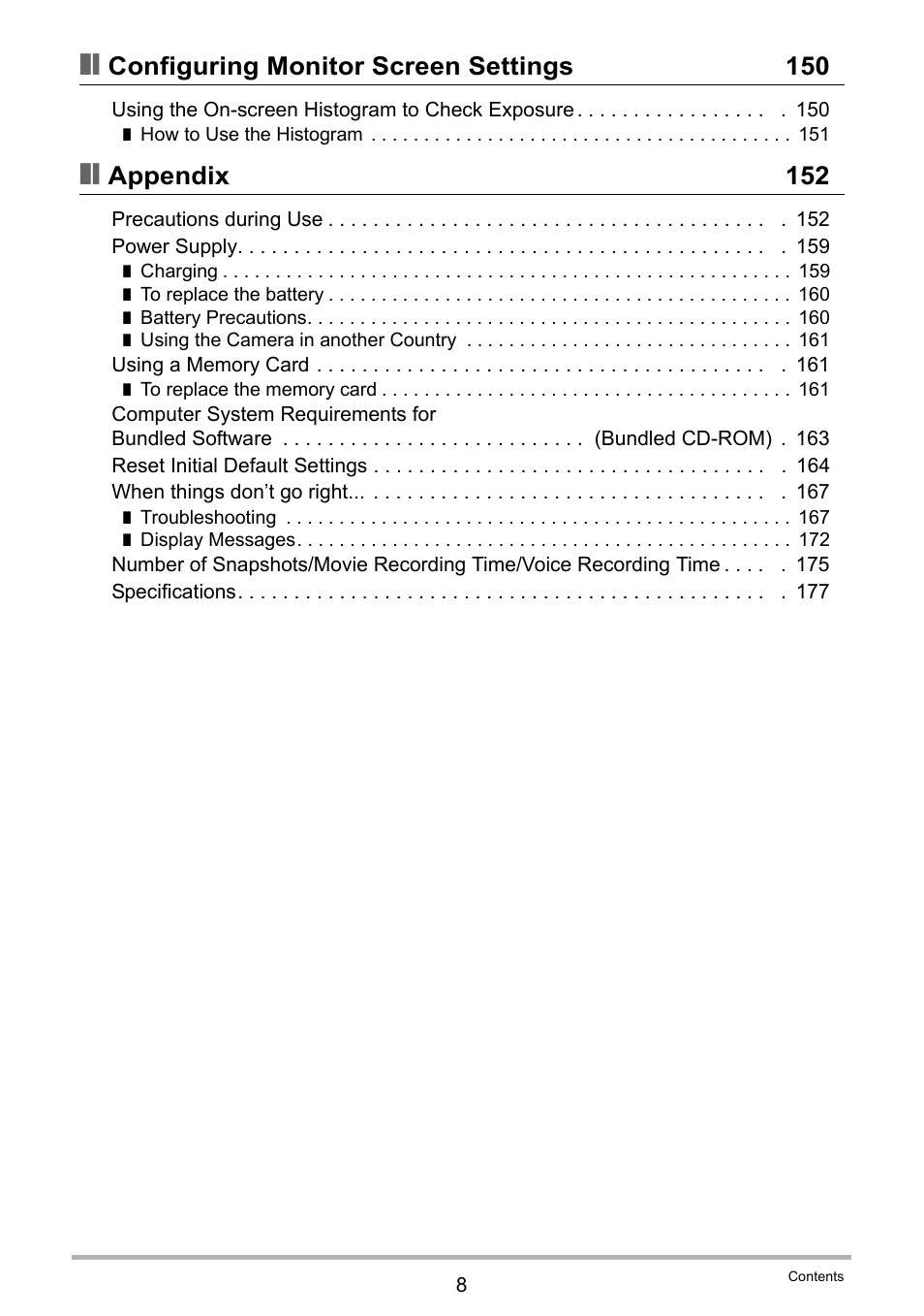 Configuring monitor screen settings 150, Appendix 152 | Casio EXILIM EX Z 280 User Manual | Page 8 / 194