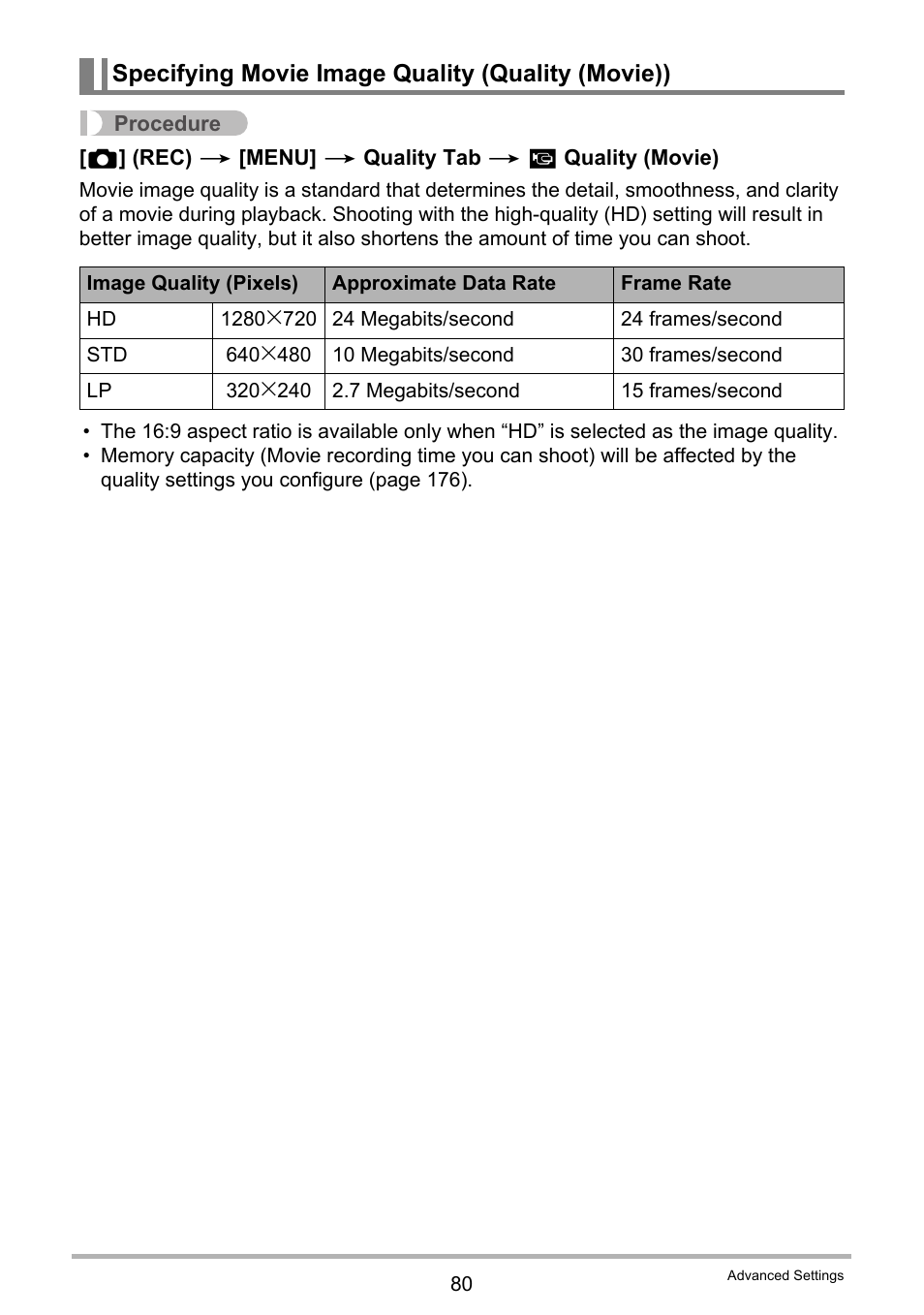 Specifying movie image quality (quality (movie)) | Casio EXILIM EX Z 280 User Manual | Page 80 / 194