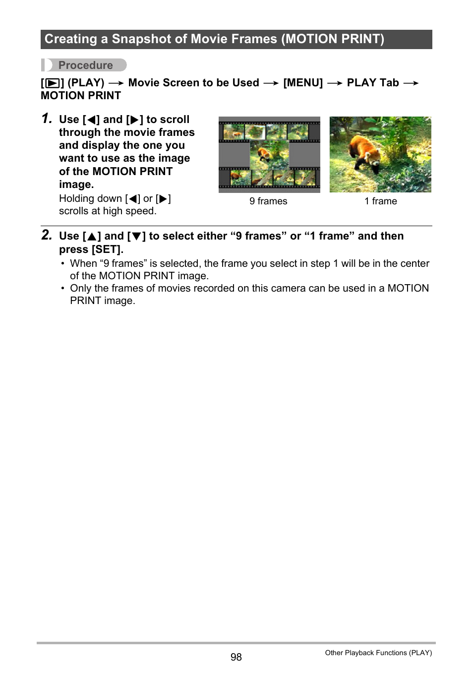 Creating a snapshot of movie frames (motion print) | Casio EXILIM EX Z 280 User Manual | Page 98 / 194