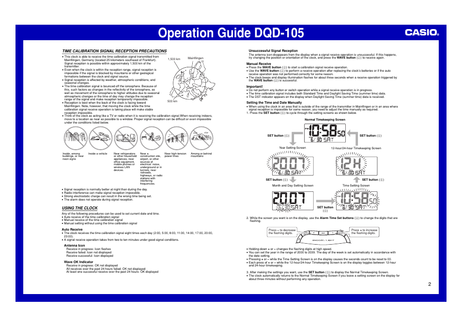 Time calibration signal reception precautions, Using the clock, Operation guide dqd-105 | Casio DQD-105 User Manual | Page 2 / 4