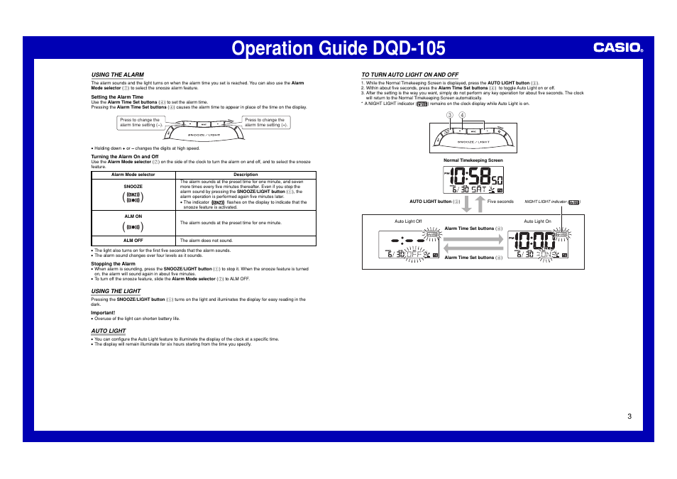 Using the alarm, Using the light, Auto light | To turn auto light on and off, Operation guide dqd-105 | Casio DQD-105 User Manual | Page 3 / 4