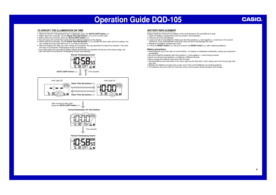 To specify the illumination on time, Battery replacement, Operation guide dqd-105 | Casio DQD-105 User Manual | Page 4 / 4