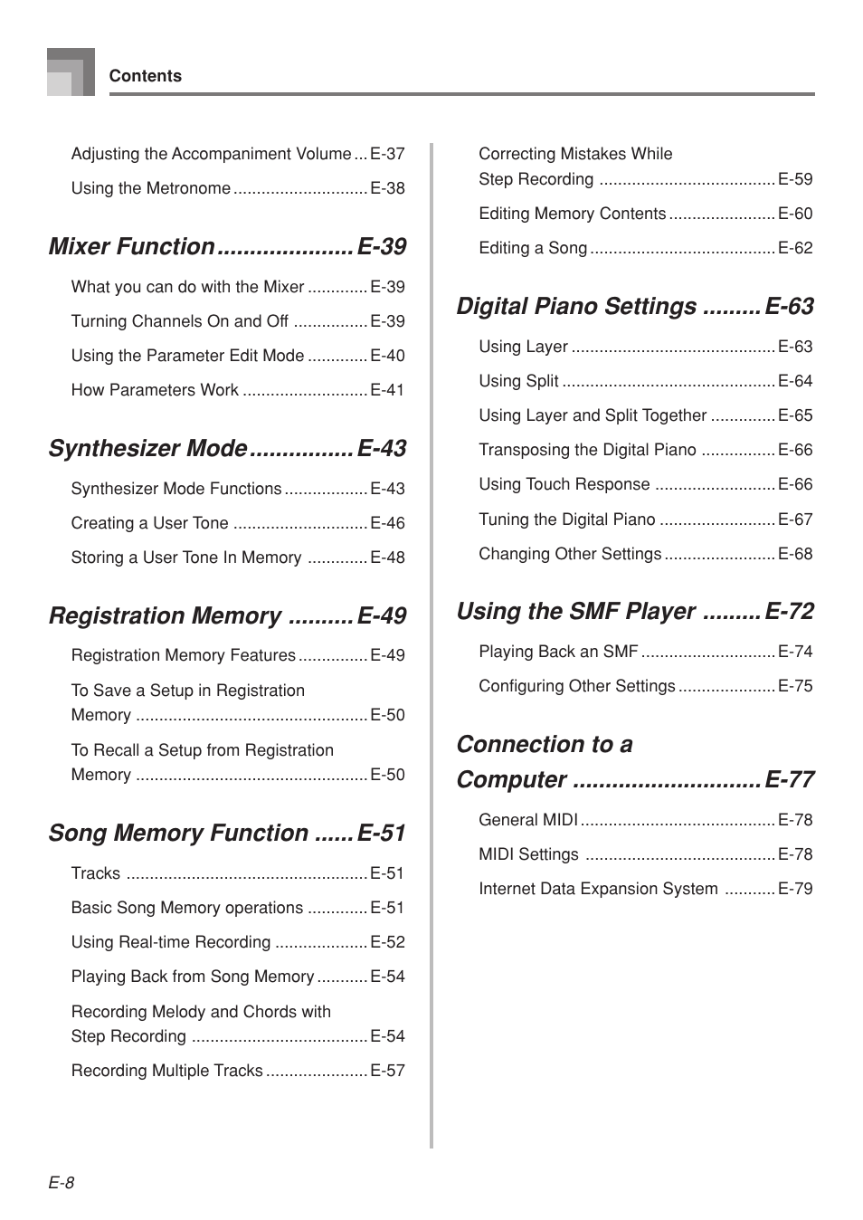 Mixer function ..................... e-39, Synthesizer mode ................ e-43, Digital piano settings ......... e-63 | Using the smf player ......... e-72 | Casio 575E1A User Manual | Page 10 / 100