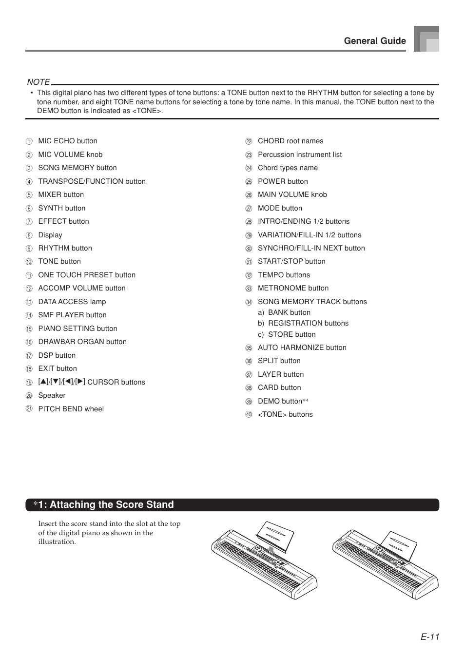 Attaching the score stand, E-11 general guide | Casio 575E1A User Manual | Page 13 / 100