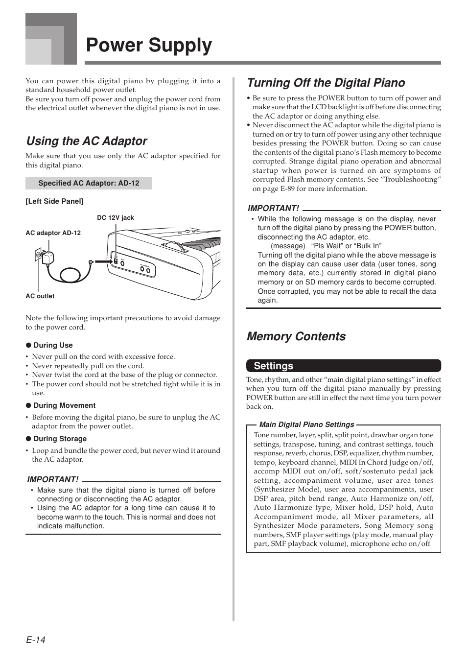 Power supply, Using the ac adaptor, Turning off the digital piano | Settings | Casio 575E1A User Manual | Page 16 / 100