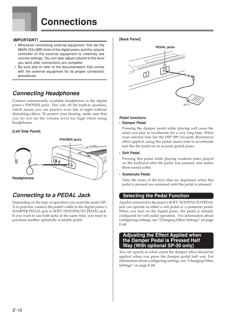 Connections, Connecting headphones, Connecting to a pedal jack | Selecting the pedal function | Casio 575E1A User Manual | Page 18 / 100