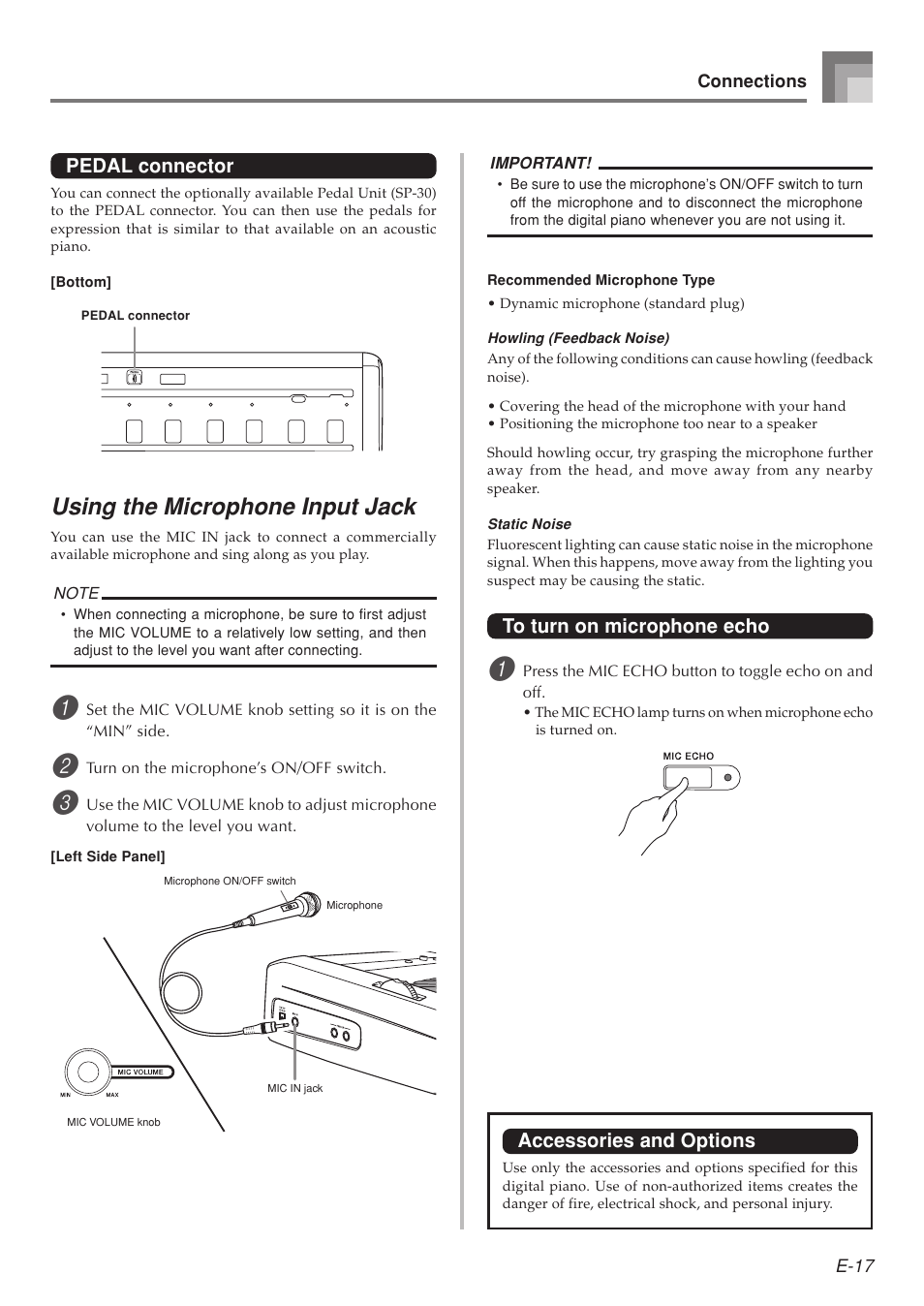 Using the microphone input jack, Pedal connector, Accessories and options | Casio 575E1A User Manual | Page 19 / 100
