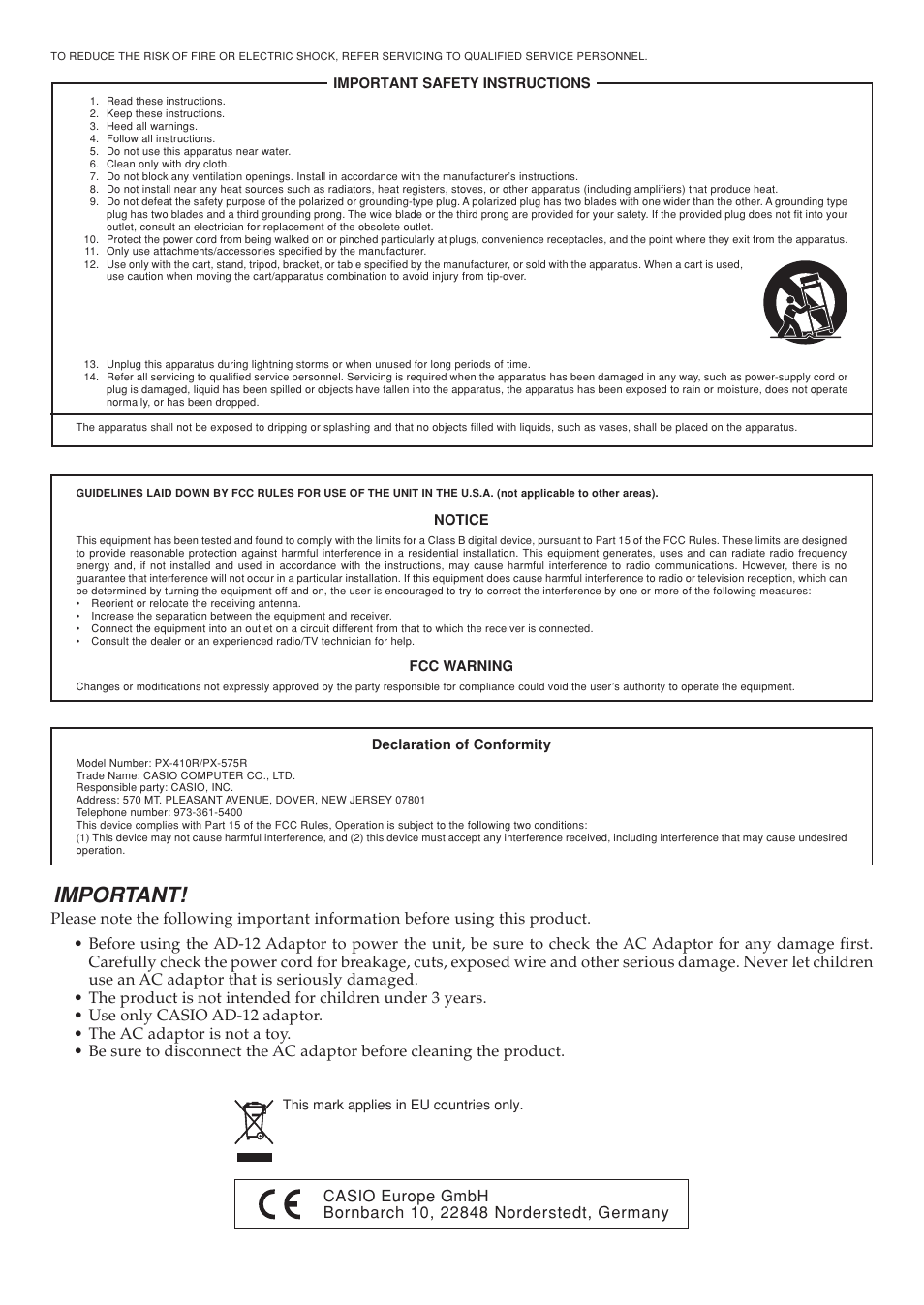 Important | Casio 575E1A User Manual | Page 2 / 100