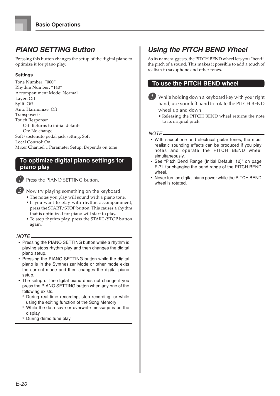 Using the pitch bend wheel, Piano setting button | Casio 575E1A User Manual | Page 22 / 100