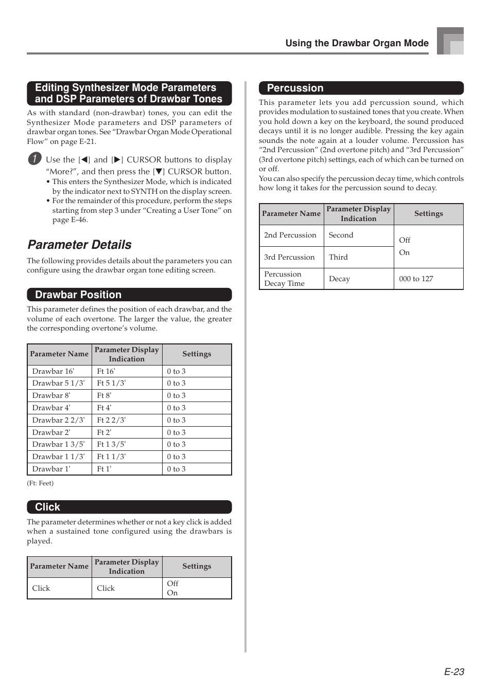 Parameter details, Drawbar position, Click | Percussion | Casio 575E1A User Manual | Page 25 / 100