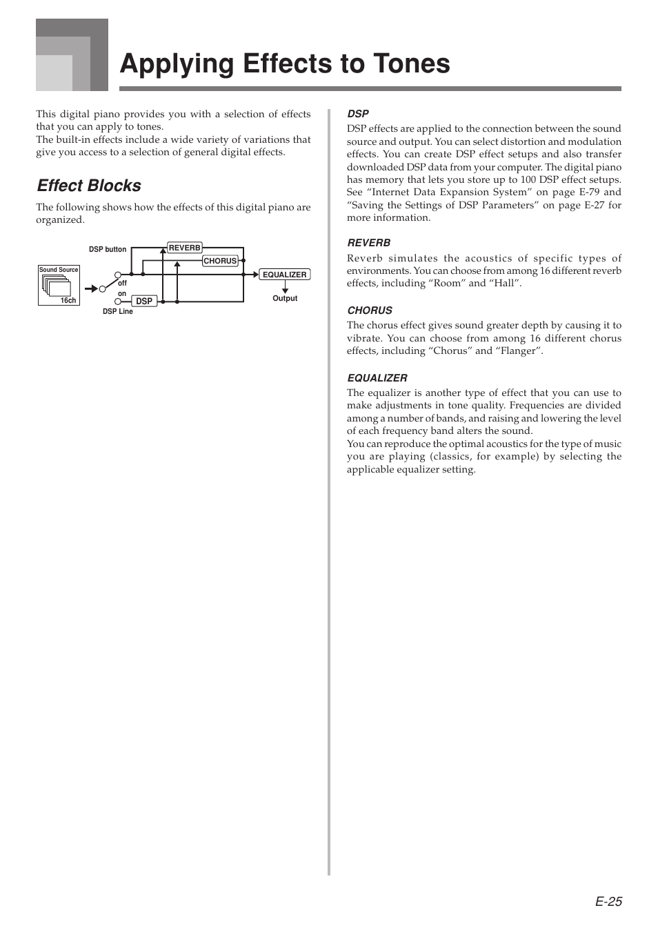 Applying effects to tones, Effect blocks, E-25 | Casio 575E1A User Manual | Page 27 / 100