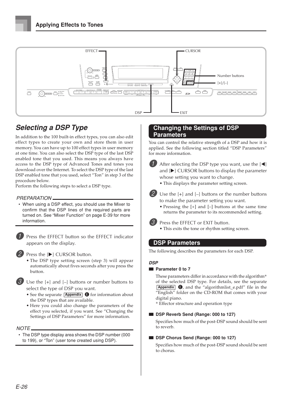 Selecting a dsp type, Changing the settings of dsp parameters, Dsp parameters | Casio 575E1A User Manual | Page 28 / 100