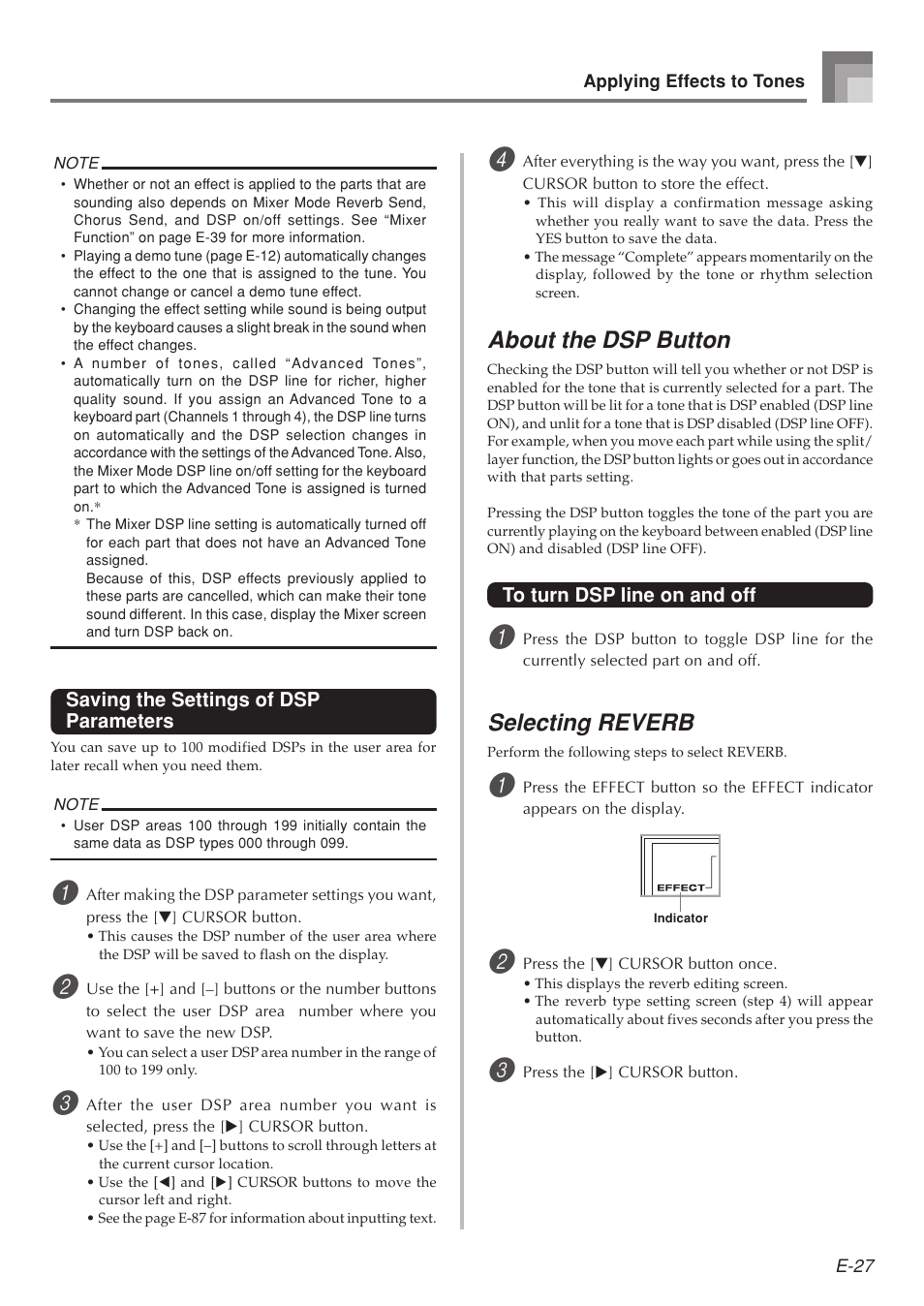 About the dsp button, Selecting reverb | Casio 575E1A User Manual | Page 29 / 100