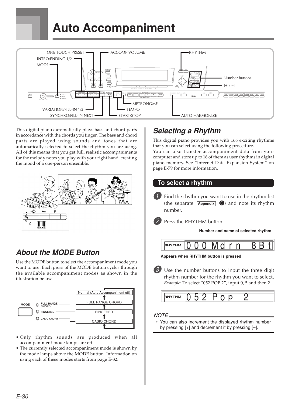 Auto accompaniment, M d r 0 0 0 n 8 b t p o, About the mode button | Selecting a rhythm | Casio 575E1A User Manual | Page 32 / 100