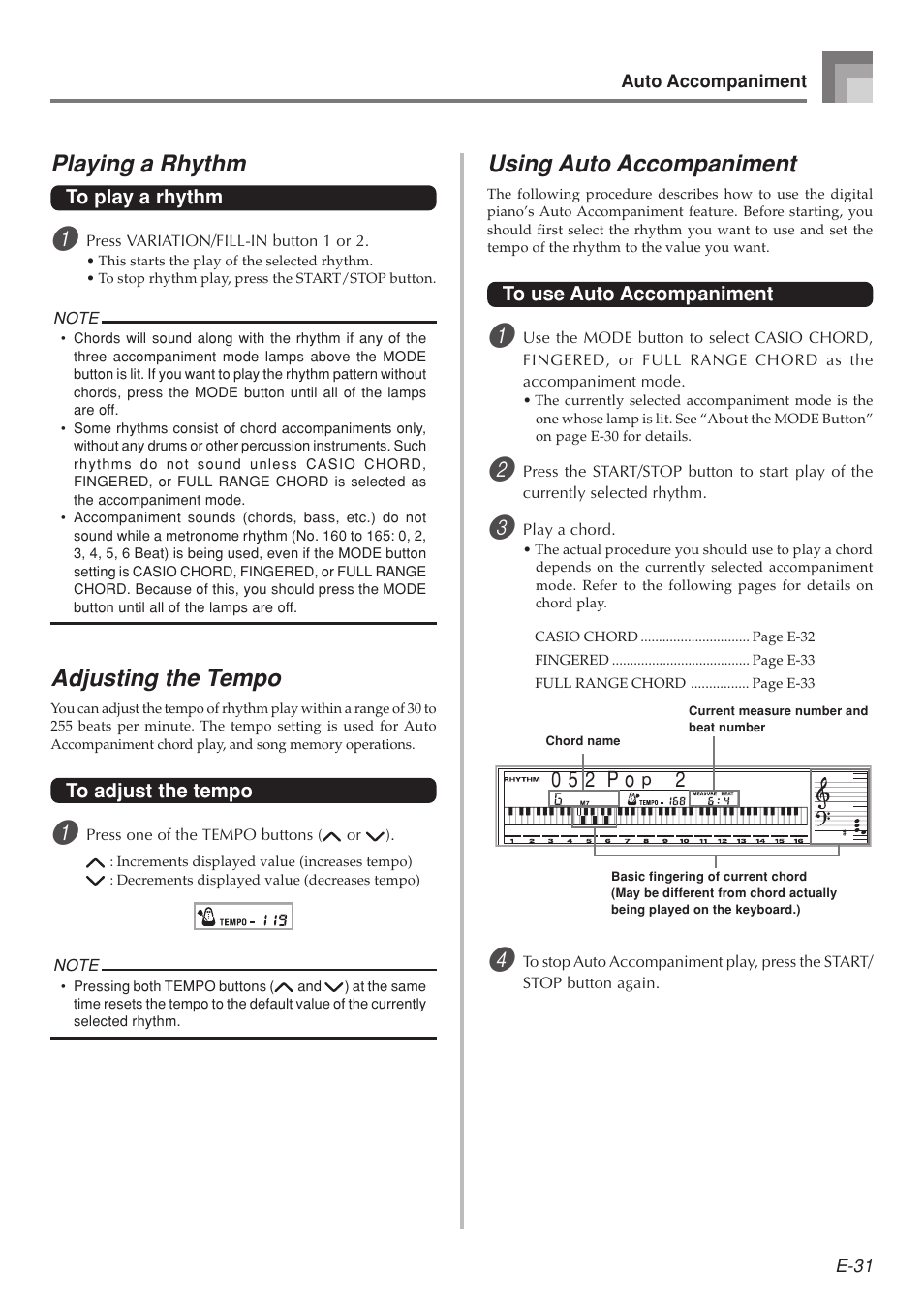 Playing a rhythm, Adjusting the tempo, Using auto accompaniment | Casio 575E1A User Manual | Page 33 / 100