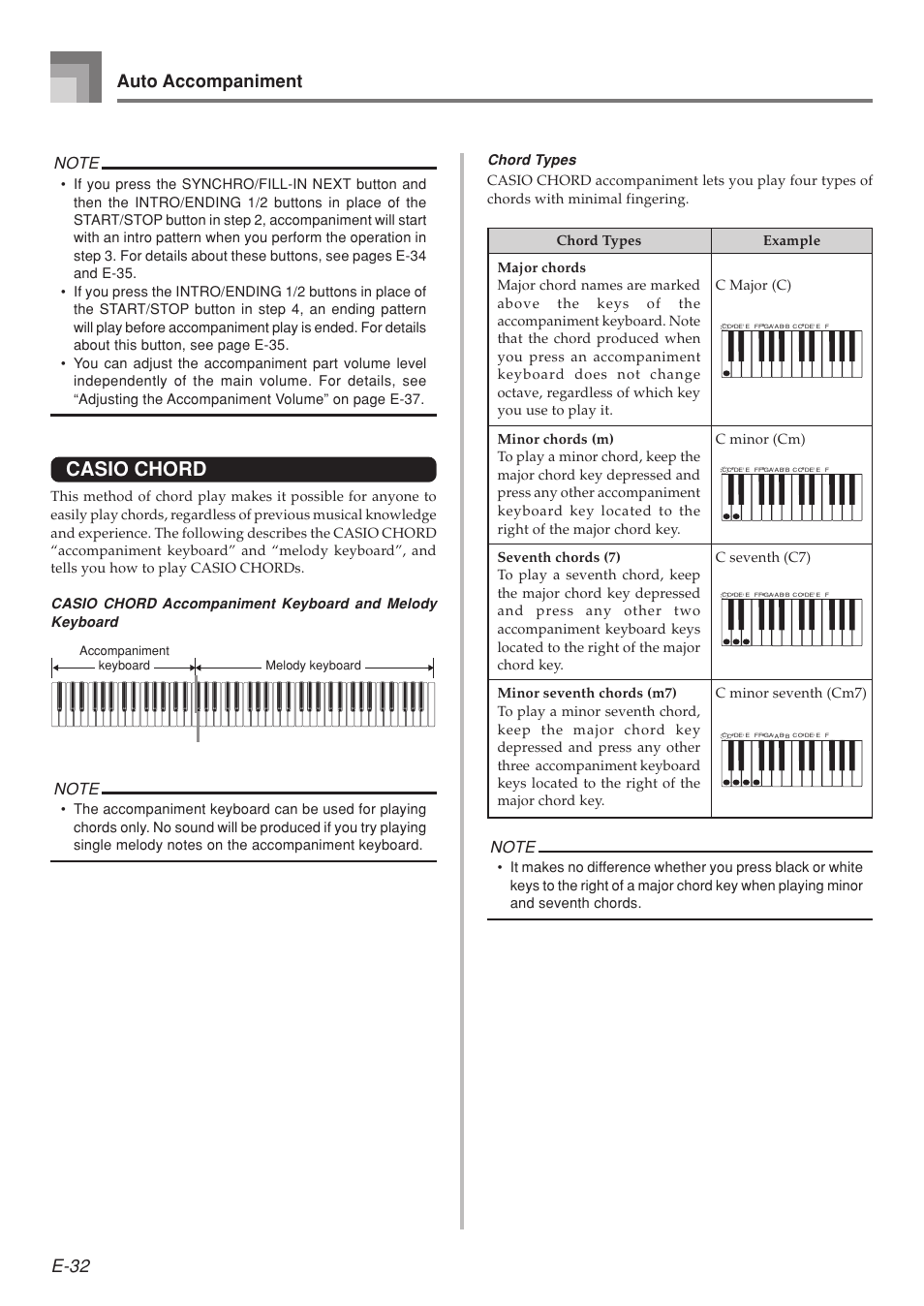 Casio chord, E-32 auto accompaniment, Chord types | Casio 575E1A User Manual | Page 34 / 100