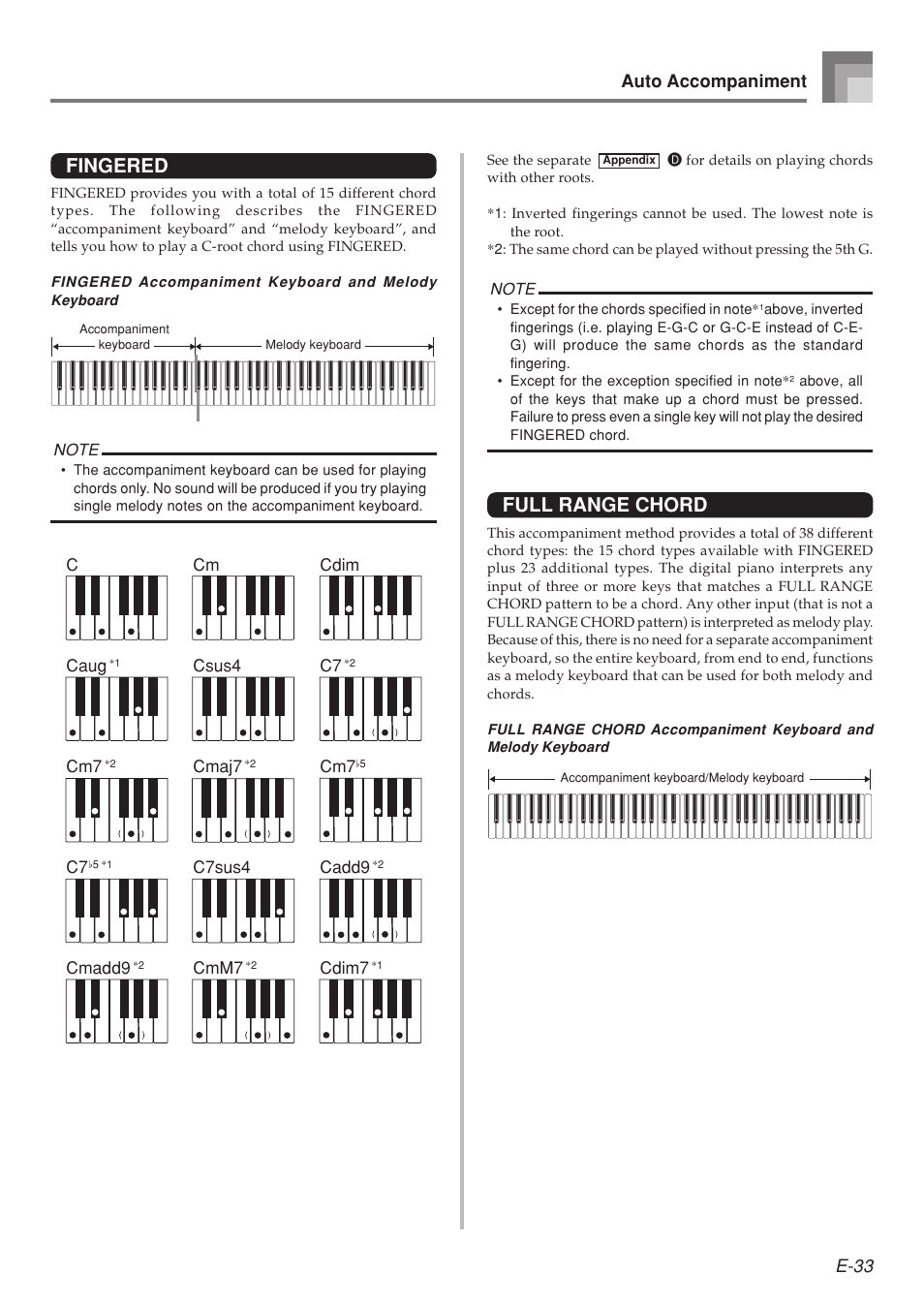 Fingered, Full range chord, E-33 | Auto accompaniment | Casio 575E1A User Manual | Page 35 / 100