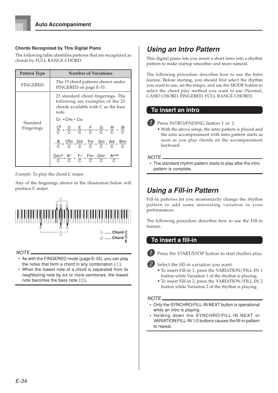 Using an intro pattern, Using a fill-in pattern, E-34 | Auto accompaniment | Casio 575E1A User Manual | Page 36 / 100